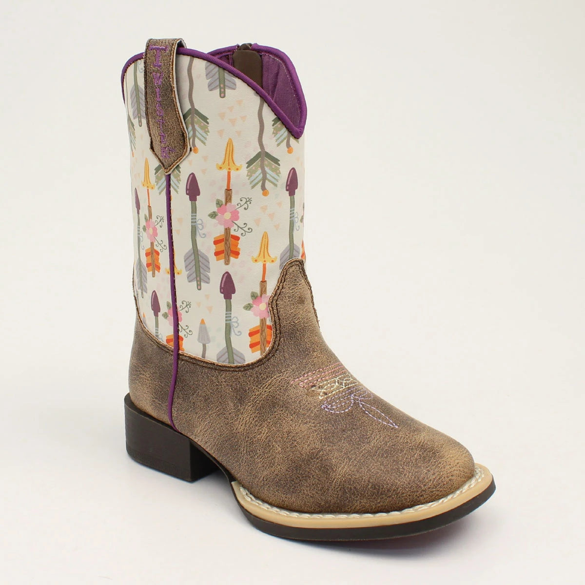 Kids Western pull-on cowboy boot with distressed brown foot and arrow-print shaft