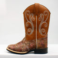 Kids western cowboy boot with embossed floral vamp and decorative stitched scroll shaft
