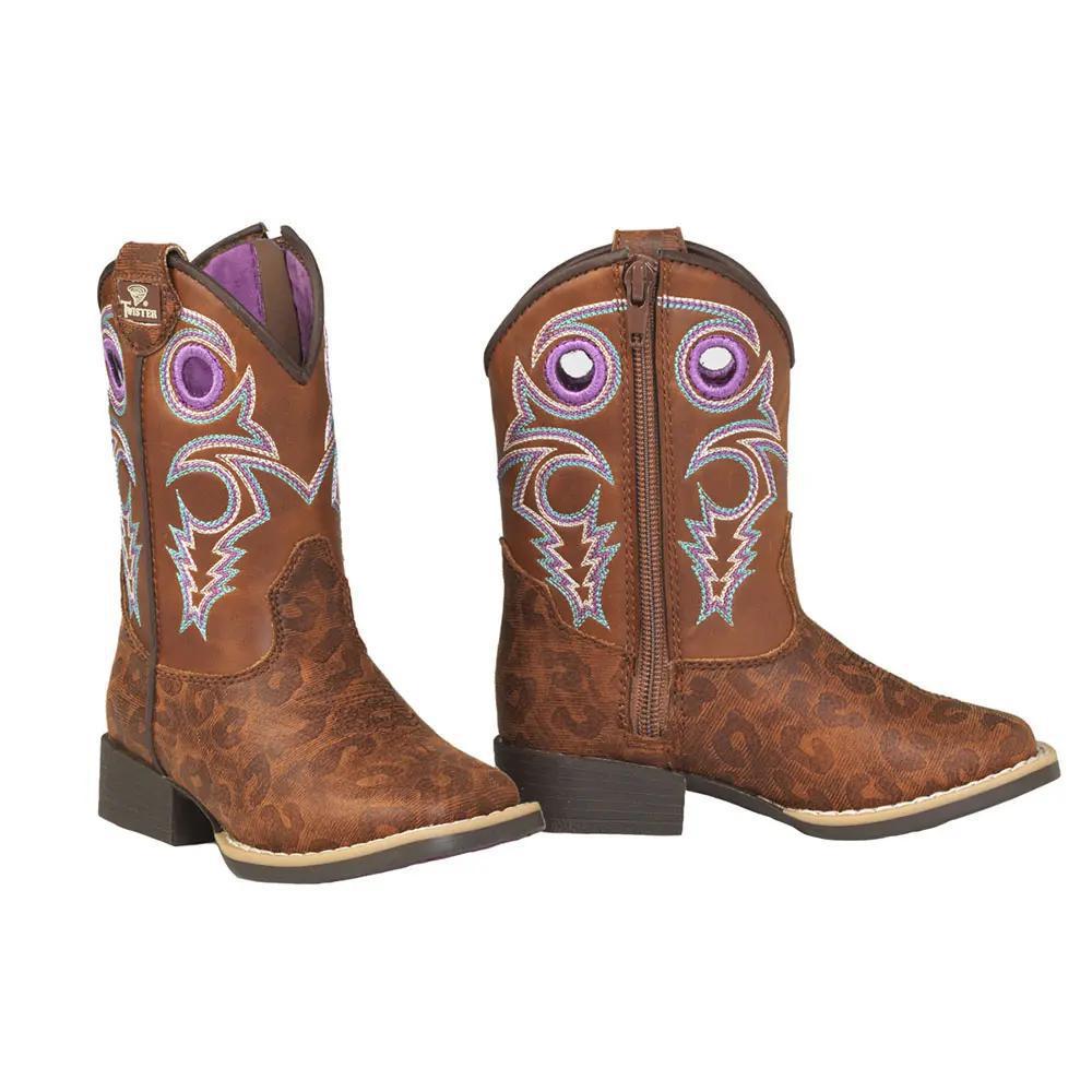 Twister kids western cowboy boots in brown with purple embroidery and zipper closure