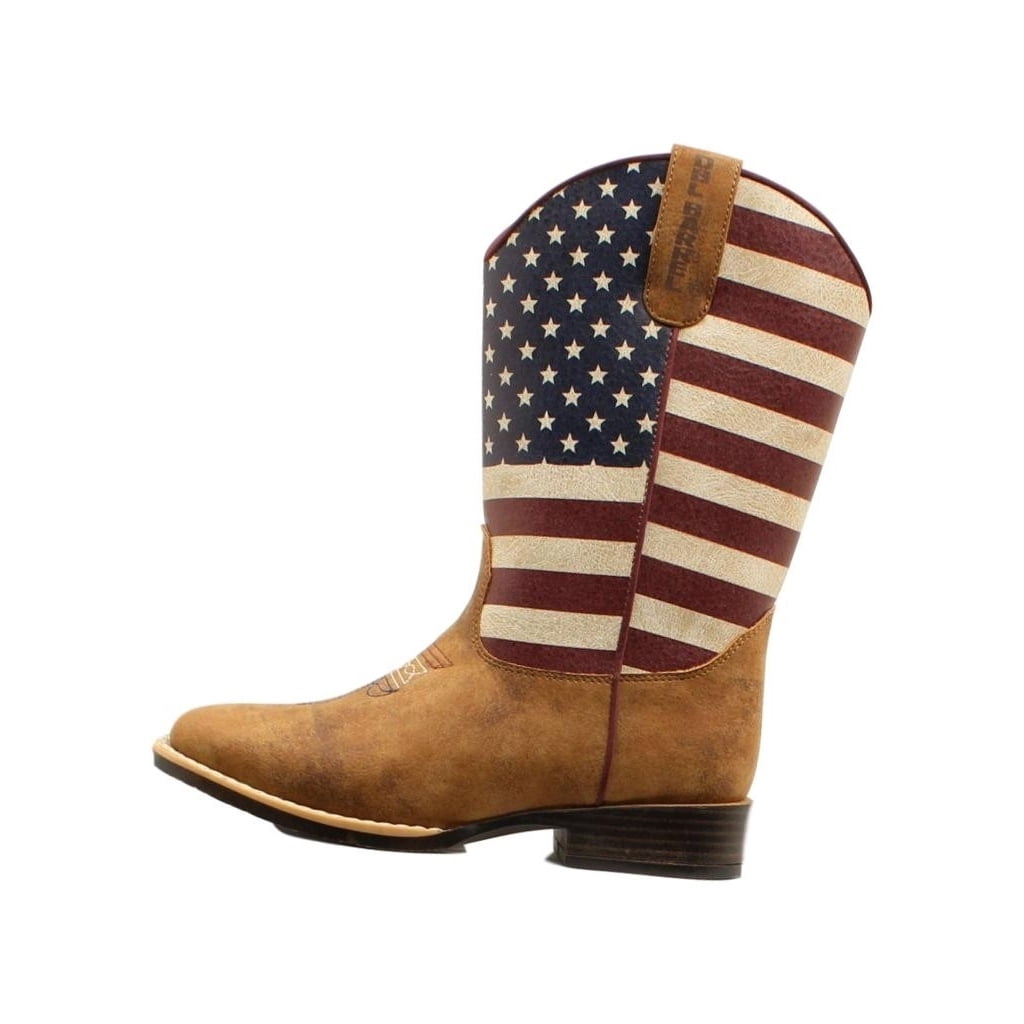 Kids western cowboy boot with American flag print upper and tan leather foot