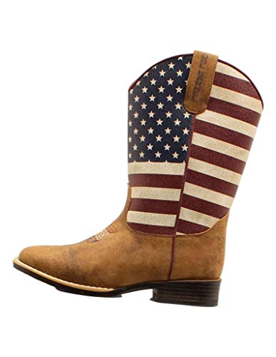 Kids western cowboy boot with American flag print on shaft and tan leather foot