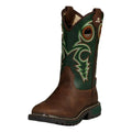 Kids pull-on western boot with green embroidered shaft and brown leather foot