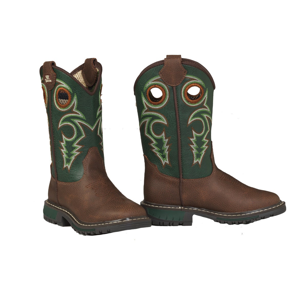 Kids pull-on cowboy boots with embroidered green shaft and brown leather foot