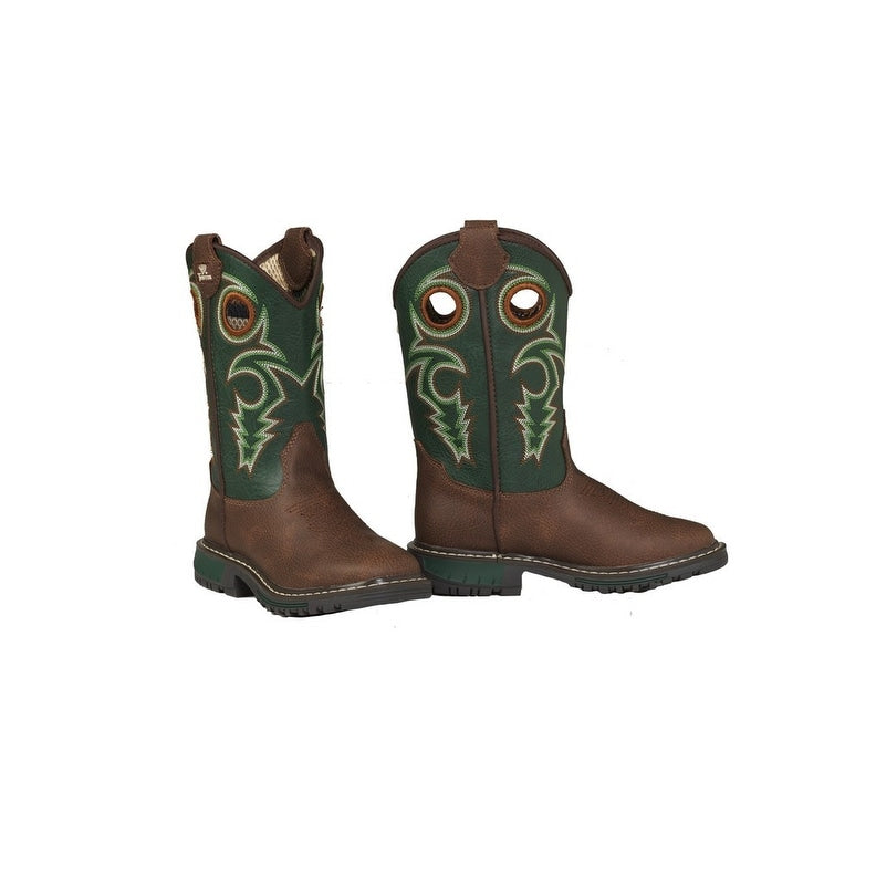 Kids pull-on western cowboy boots with brown leather foot and green embroidered shaft