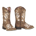 Twister kids cowboy boots with white and pink floral embroidery on brown leather