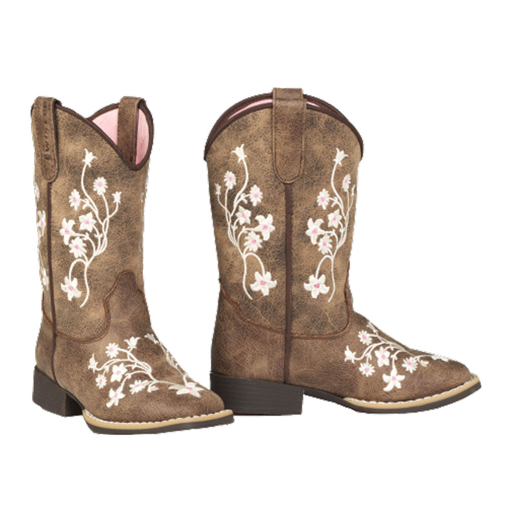 Twister kids cowboy boots with white and pink floral embroidery on brown leather