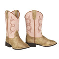 Kids cowboy boots with tan leather foot and pink shaft featuring embroidered western detailing
