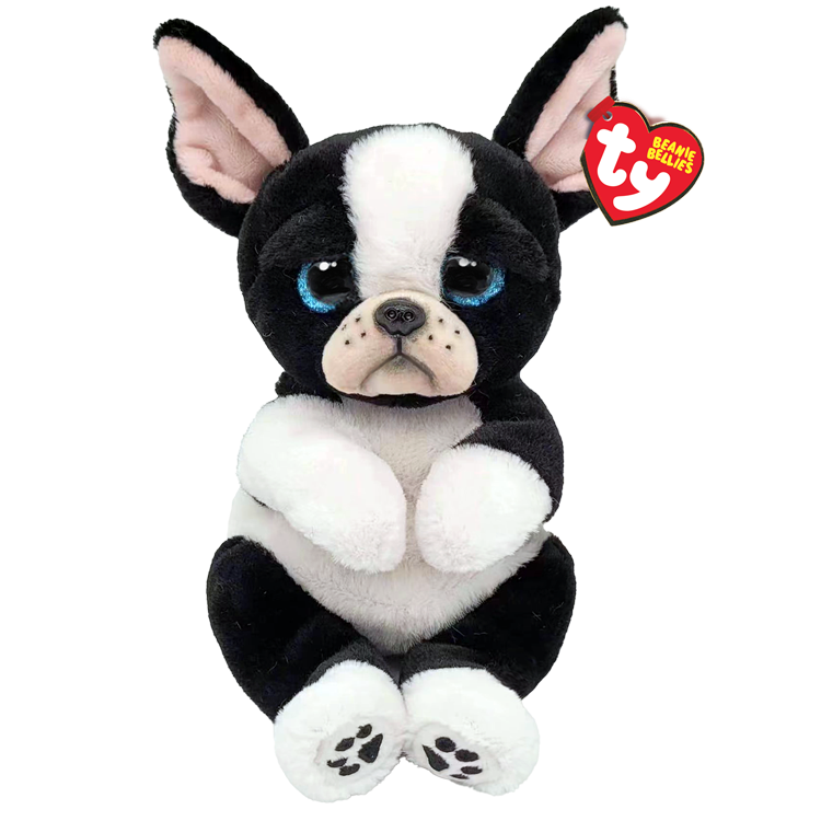 Ty Beanie Bellies black and white Boston Terrier plush toy seated with paw details