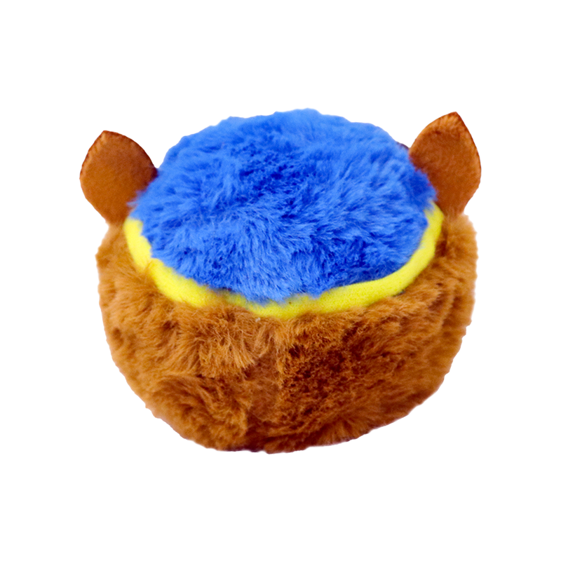 Ty plush bouncer toy with brown fur body, blue top, yellow trim, and small ears