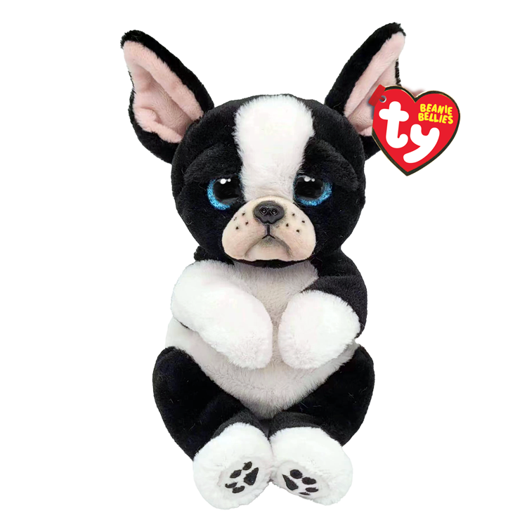 Ty Beanie Bellies black and white Boston Terrier plush toy sitting upright with blue glitter eyes