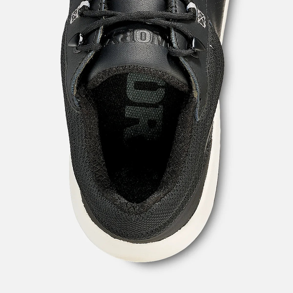 Top-down view of black athletic safety toe sneaker showing padded collar and lace system