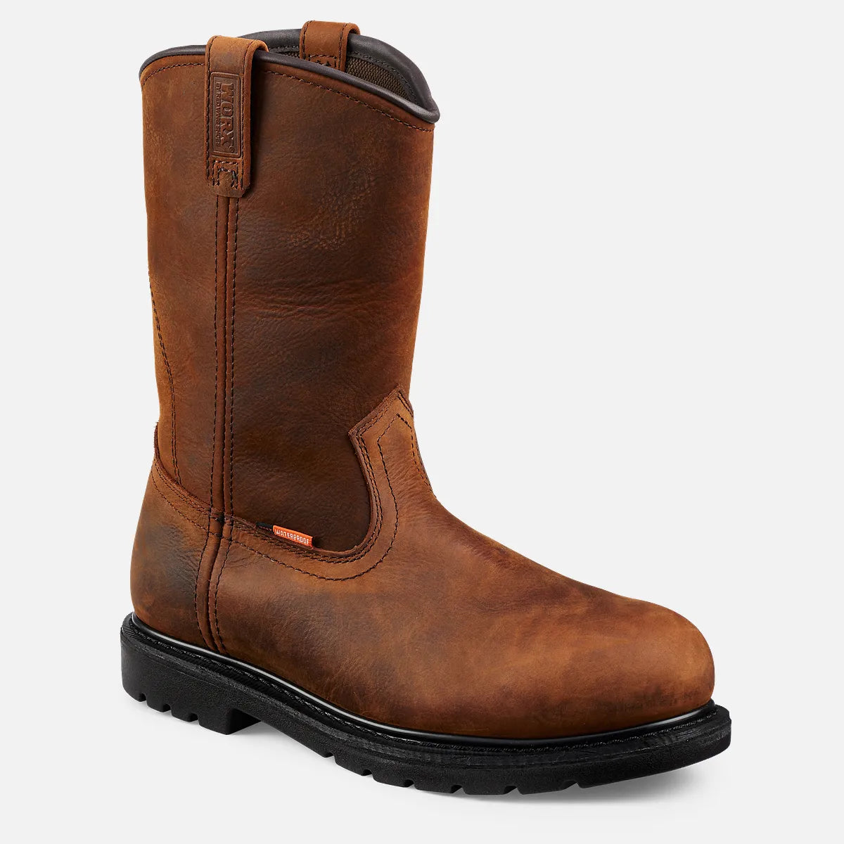 Worx mens pull-on work boot with tall shaft, lugged outsole, and pull tab