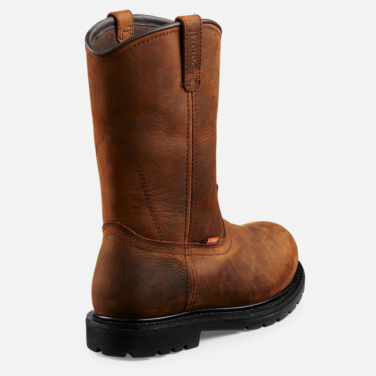 Rear view of a pull-on work boot with leather upper, pull tab, and lugged outsole