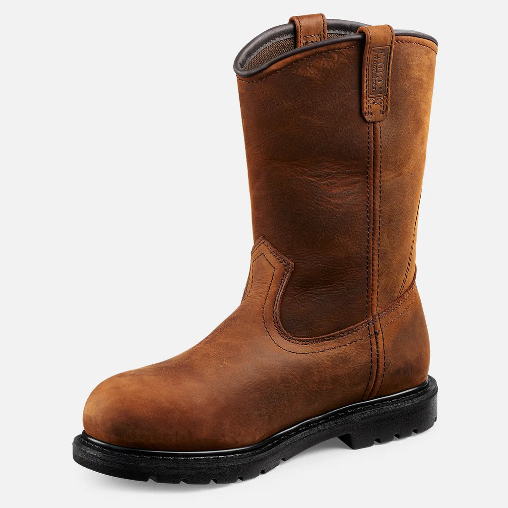 Worx mens pull-on work boot with tall leather shaft and black lug sole