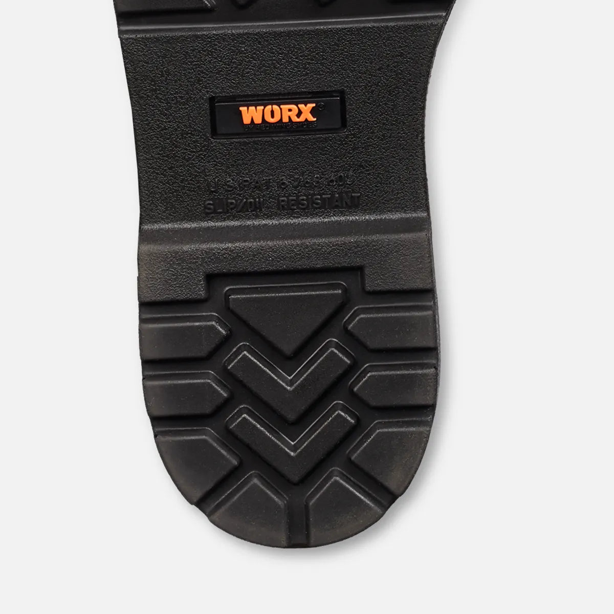 Bottom sole of Worx men's pull-on work boot showing slip and oil resistant tread pattern