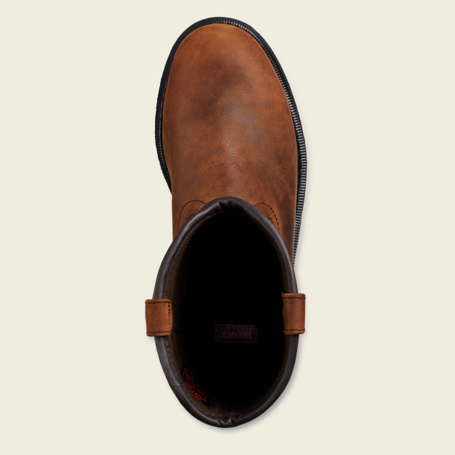 Top-down view of a brown leather pull-on work boot with zipper detail