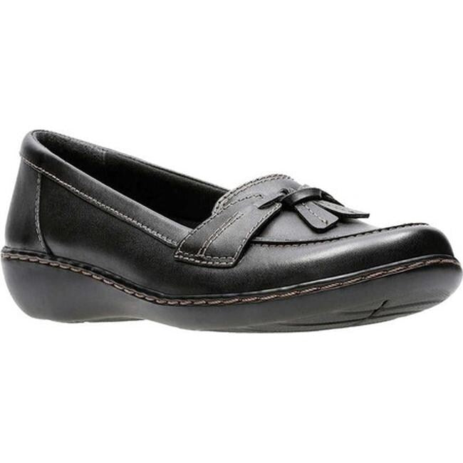 Clarks women's black leather loafer with tassel detail and low wedge sole